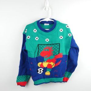 Vintage Little Funky Dinosaur Playing Soccer Sweater Knit Green and Blue 5/6